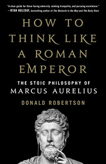 A book cover with Marcus Aurelius with earbuds in his ears