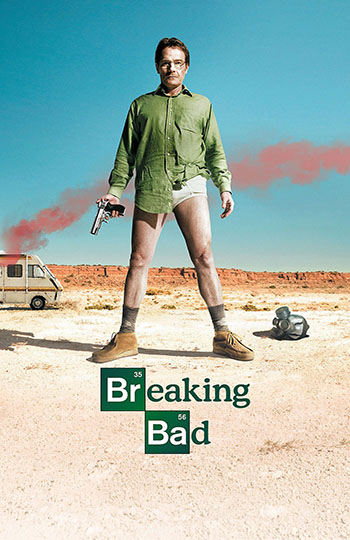 A TV poster with the main character holding a gun in his underwear and a green shirt with a gas mask and an RV in the background