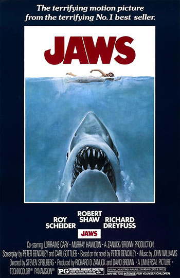 A movie poster that has a giant shark swimming towards the surface approaching an unsuspecting female swimmer