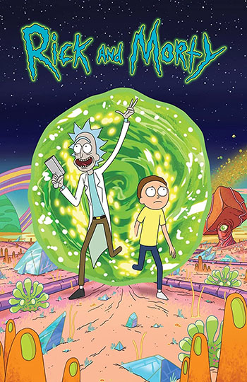 A TV poster of Rick and Morty jumping through a portal. Rick is smiling and Morty looks concerned